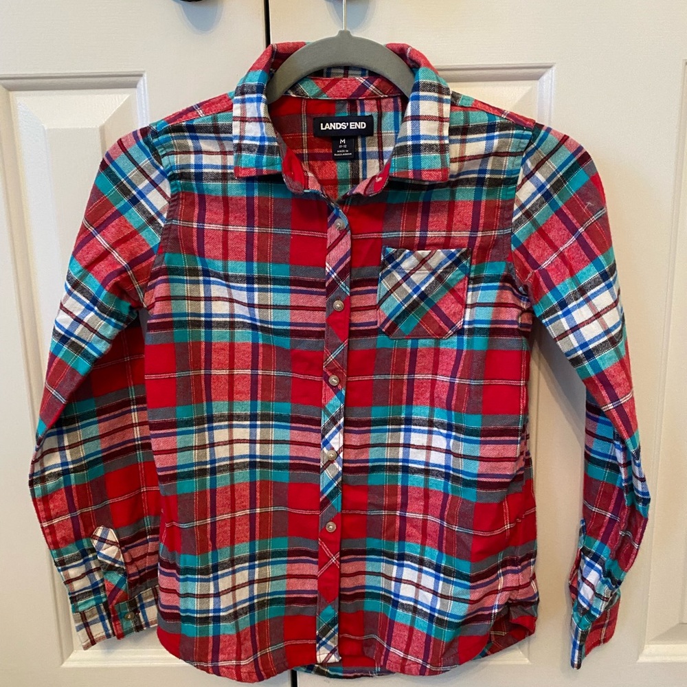 Lands’ End Girls’ Long Sleeve Flannel Shirt.  Size M (10-12) Holiday
